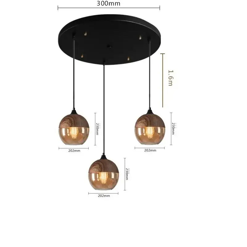 Decorbites led glass pendant lamp with black circular fixture and amber globes featuring wood grain for modern decor