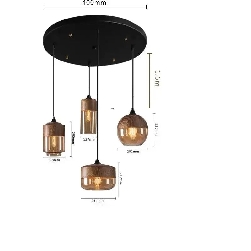 Modern decorbites led glass pendant lamp with amber glass shades copper frames and wood accents for kitchen or bedroom
