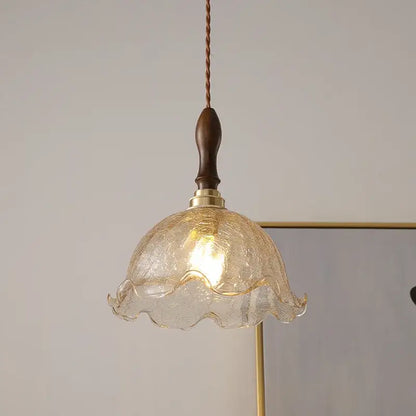 DecorBites™ LED glass pendant light chandelier with warm-toned textured glass dark wood handle and brass accents for modern living