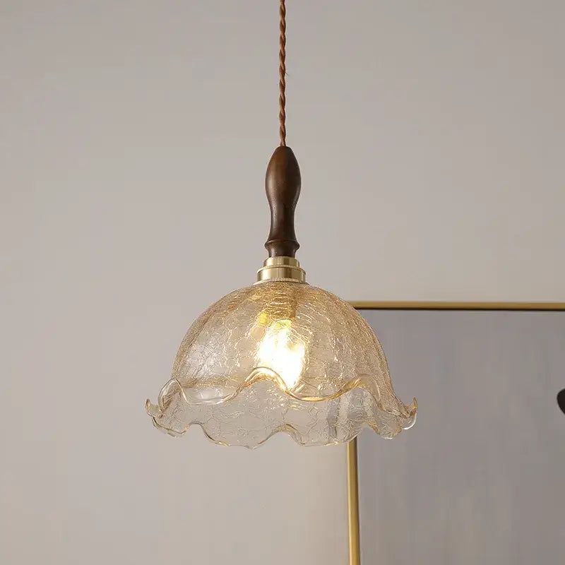 DecorBites™ LED glass pendant light chandelier with warm-toned textured glass dark wood handle and brass accents for modern living