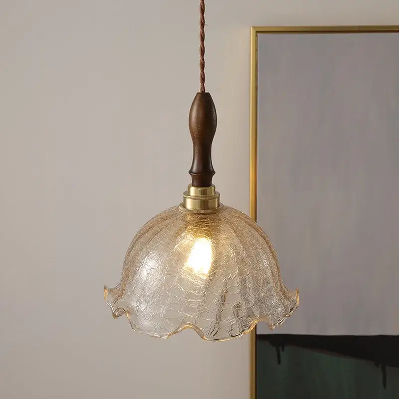 DecorBites™ LED glass pendant light chandelier with warm-toned textured glass, dark wood handle, and brass accents for dining room