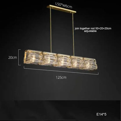 Gold-toned rectangular decorbites led glass pendant light with five crystal segments and adjustable hanging rods for kitchen island