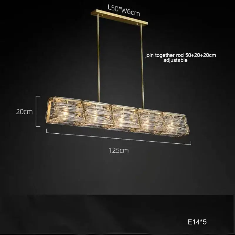 Gold-toned rectangular decorbites led glass pendant light with five crystal segments and adjustable hanging rods for kitchen island