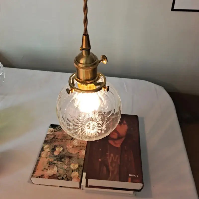 DecorBites™ vintage-style brass pendant light fixture with clear textured glass globe for study restaurant kitchen