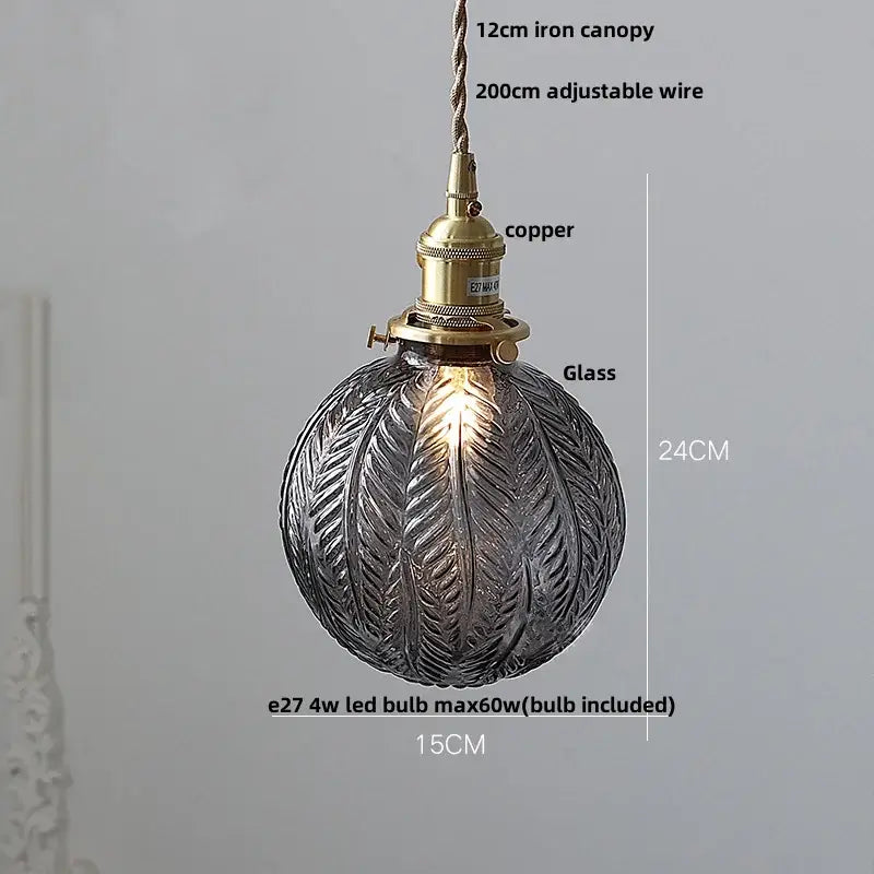 DecorBites™ pendant light fixture with textured glass leaf pattern, antique brass copper, and 12cm iron canopy for study or kitchen