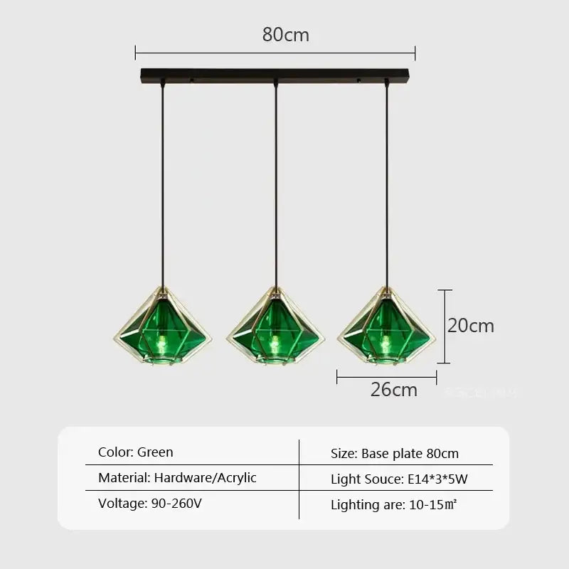 Set of three emerald green faceted acrylic pendant lights with black hardware by DecorBites LED glass pendant