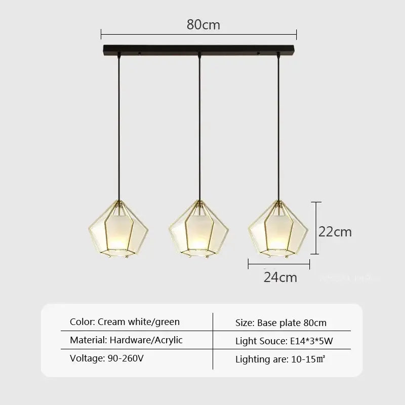 Modern geometric pendant light with cream white and green acrylic shades framed by gold metal by decorbites led glass