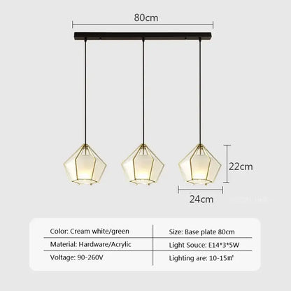 Modern geometric pendant light with cream white and green acrylic shades framed by gold metal by decorbites led glass