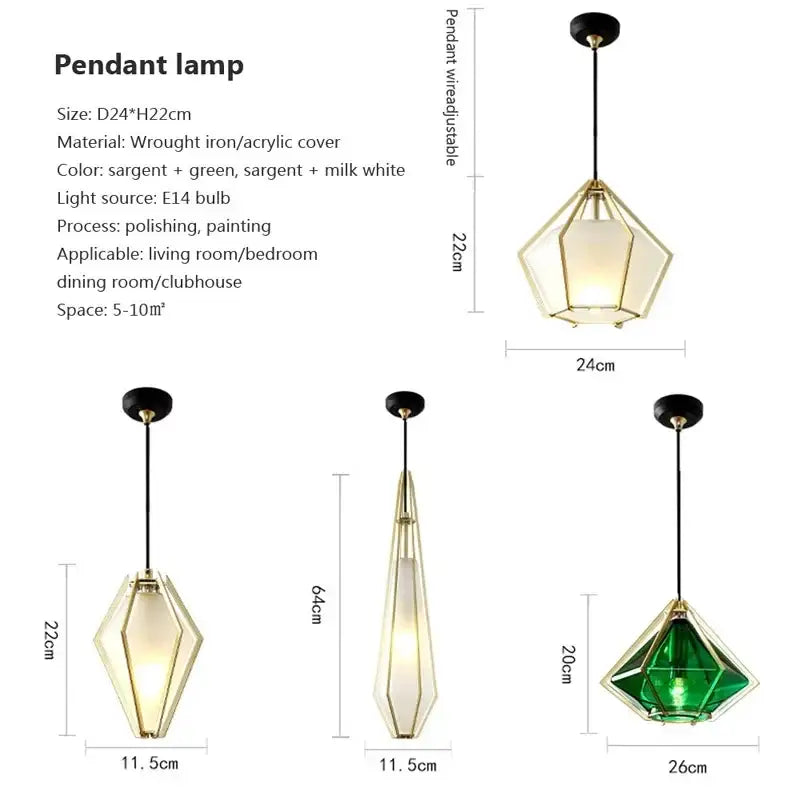 Decorbites led glass pendant light with geometric polished wrought iron frame and acrylic cover in sargent green or milk white