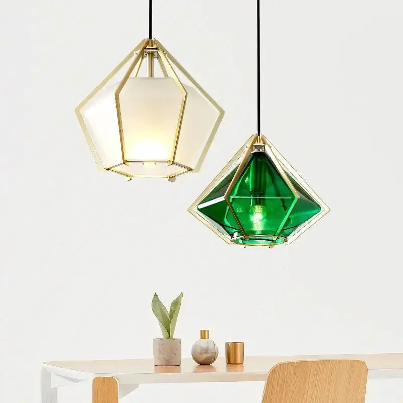 Decorbites led glass pendant light with gold-toned metal frames and frosted white and emerald green glass shades for modern decor