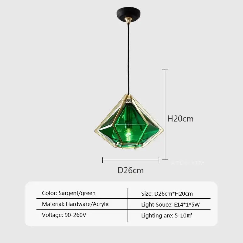 Emerald green faceted acrylic pendant light with brass frame and black ceiling mount from decorbites led glass pendant collection