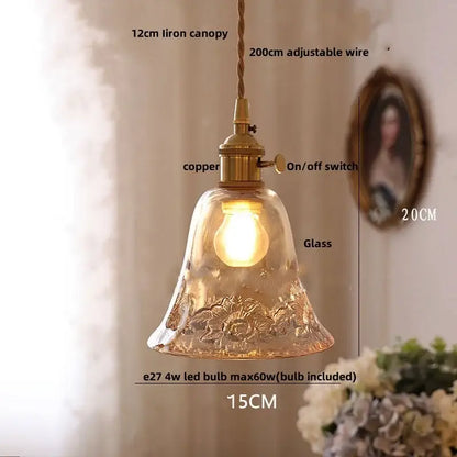 Decorbites led glass pendant light warm-toned hand-blown glass with floral etching and brass-finished copper canopy