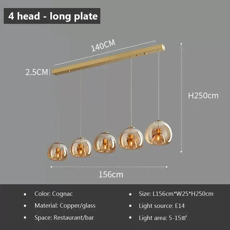 Cognac-colored copper and glass decorbites led glass pendant light with four spherical globe shades and rectangular mount