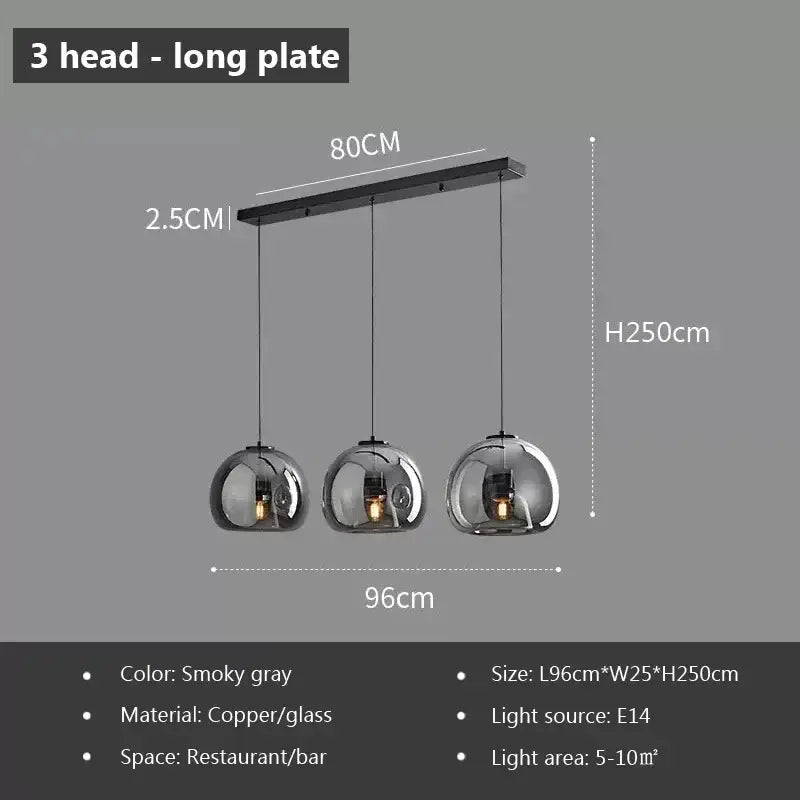 Smoky gray three-head decorbites led glass pendant light with copper and glass construction for modern luxury decor