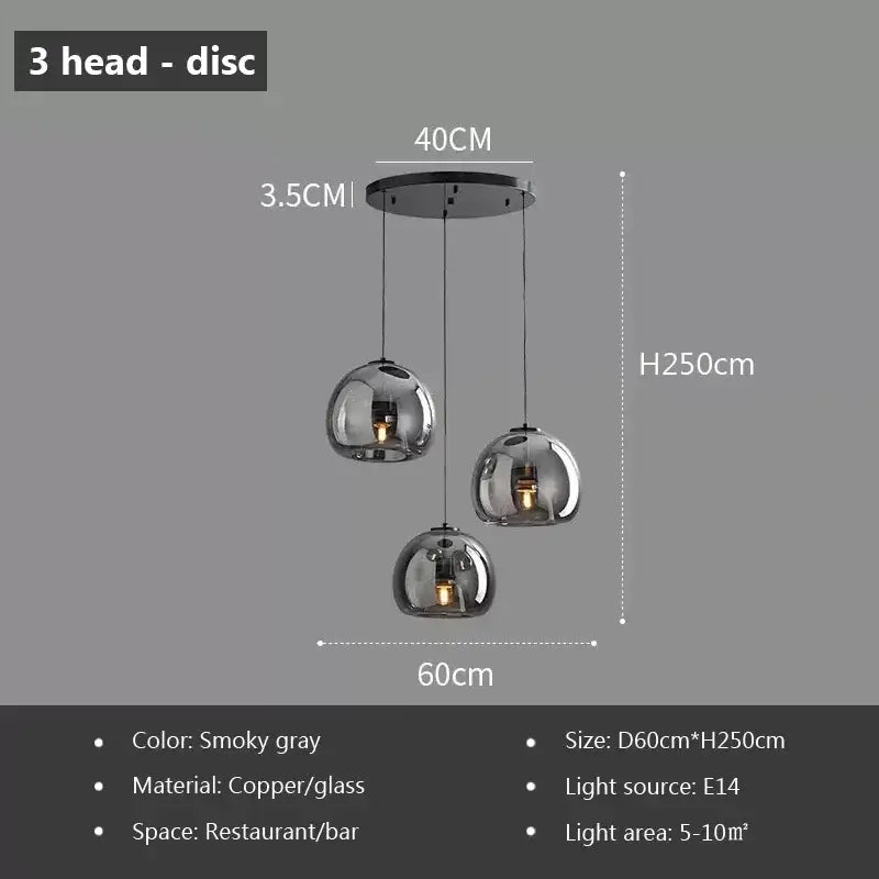 Smoky gray three-head decorbites led glass pendant light with copper and glass construction for modern luxury decor