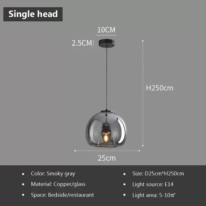 Smoky gray spherical glass pendant light with copper fixture and e14 bulb for bedside or restaurant use by decorbites led glass