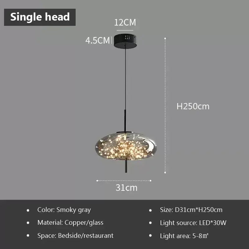 Smoky gray decorbites led glass pendant light with copper frame and frosted oval shade featuring warm led lights