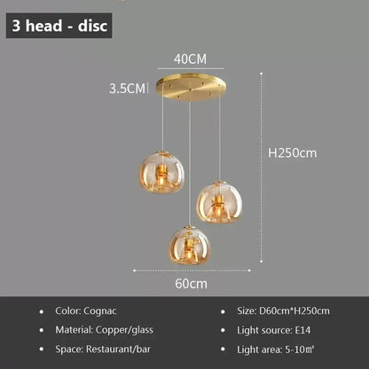 Cognac-colored decorbites led glass pendant light featuring three heads with copper and glass modern nordic design