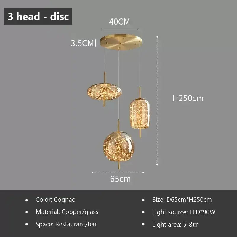 Decorbites led glass three-head cognac pendant light with copper frame and sparkling crystal interiors modern nordic luxury