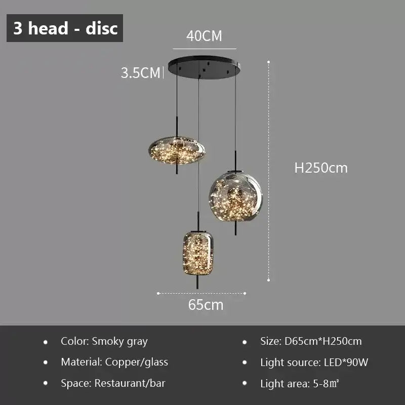 Modern nordic luxury decorbites led glass pendant light with smoky gray copper and glass discs housing warm led lights