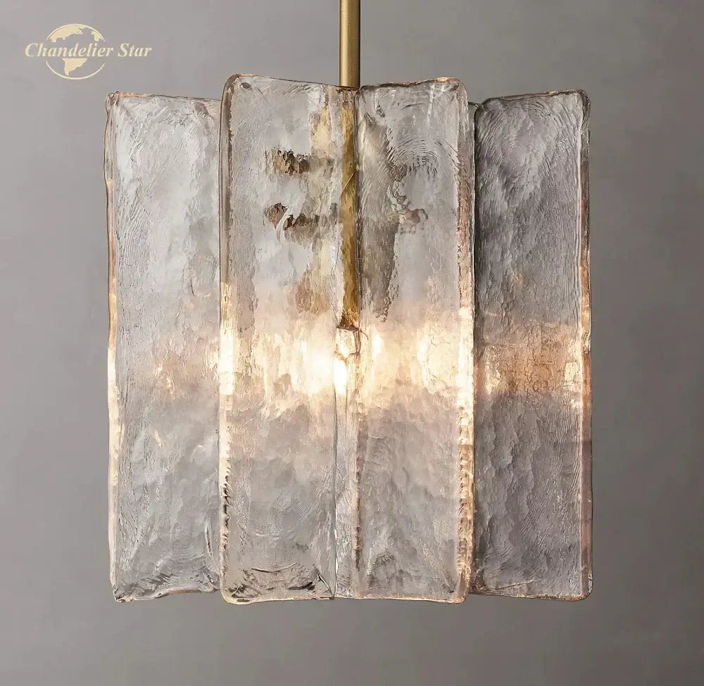 Modern decorbites led glass pendant light with four frosted gray textured panels and brass rod for bedroom and kitchen