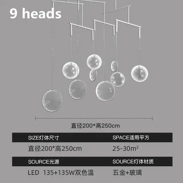 Modern minimalist decorbites led glass pendant light with nine spherical orbs and polished brass frame for hall or living room