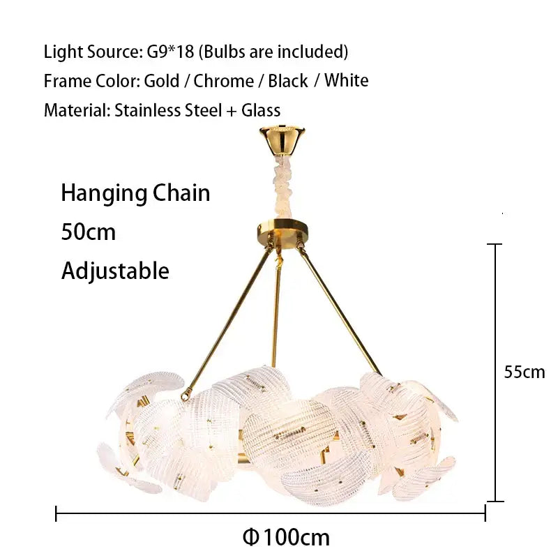 Elegant gold-toned decorbites led glass petal chandelier with delicate translucent glass petals for dining table lighting
