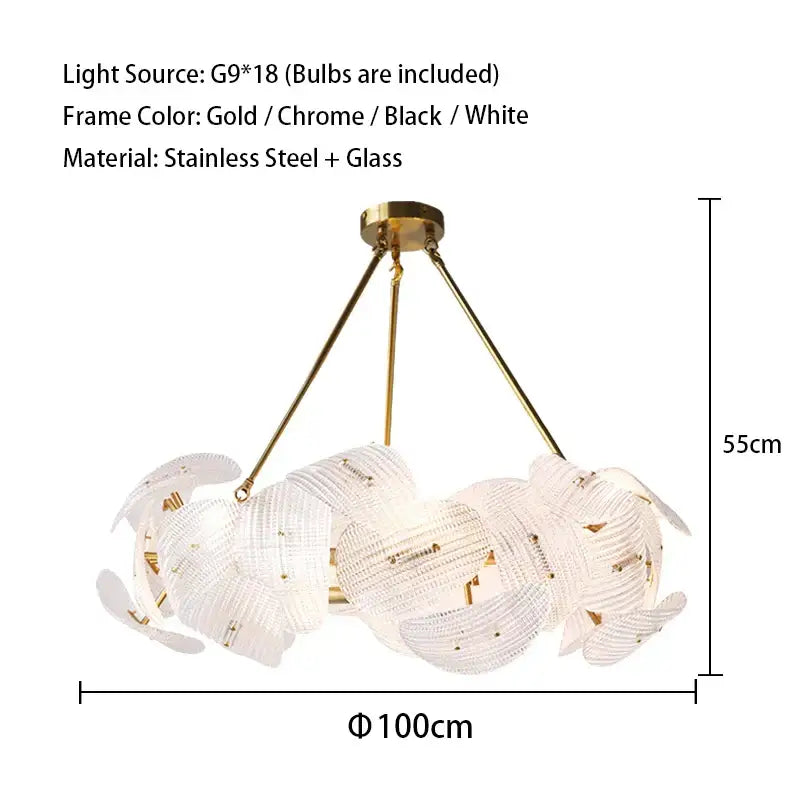 Elegant white glass petal chandelier with gold-toned stainless steel frame and 18 g9 bulbs by DecorBites led glass