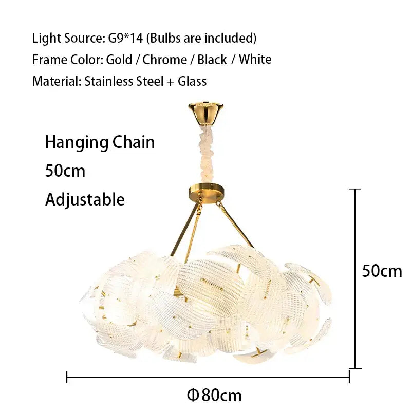 Gold-toned decorbites led glass petal chandelier with cascading translucent glass petals on adjustable 50cm chain