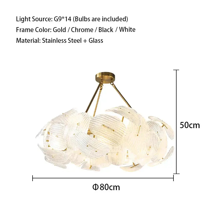 Gold-toned DecorBites LED glass petal chandelier in stainless steel and glass for luxury modern dining table lighting