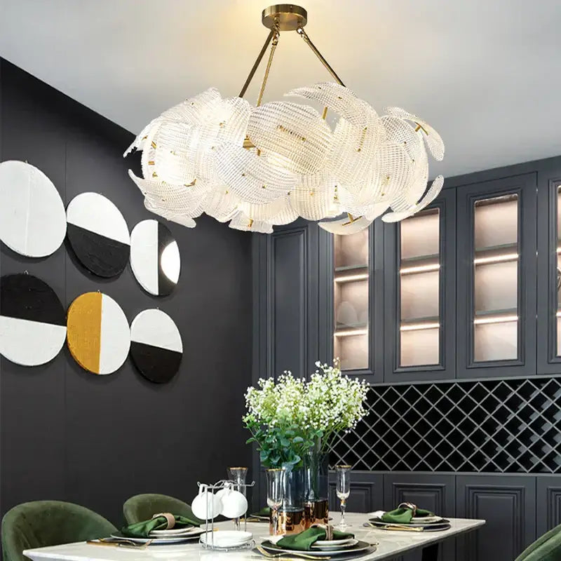 DecorBites led glass petal chandelier with translucent white glass petals and gold metal accents for dining table