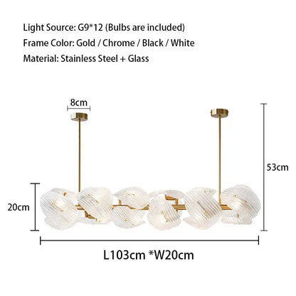 Gold-toned decorbites led glass petal chandeliers with textured glass orbs on stainless steel frame for dining tables