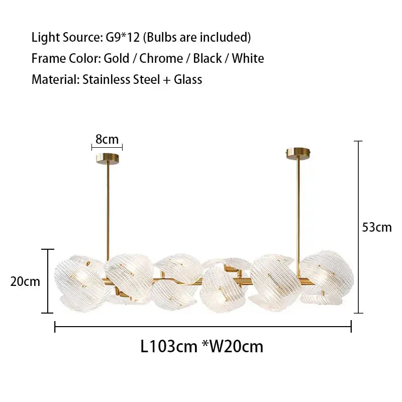 Gold-toned decorbites led glass petal chandeliers with textured glass orbs on stainless steel frame for dining tables
