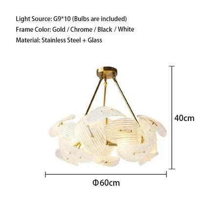 Gold-toned decorbites led glass petal chandelier with modern cloud-like design in stainless steel and glass for dining table