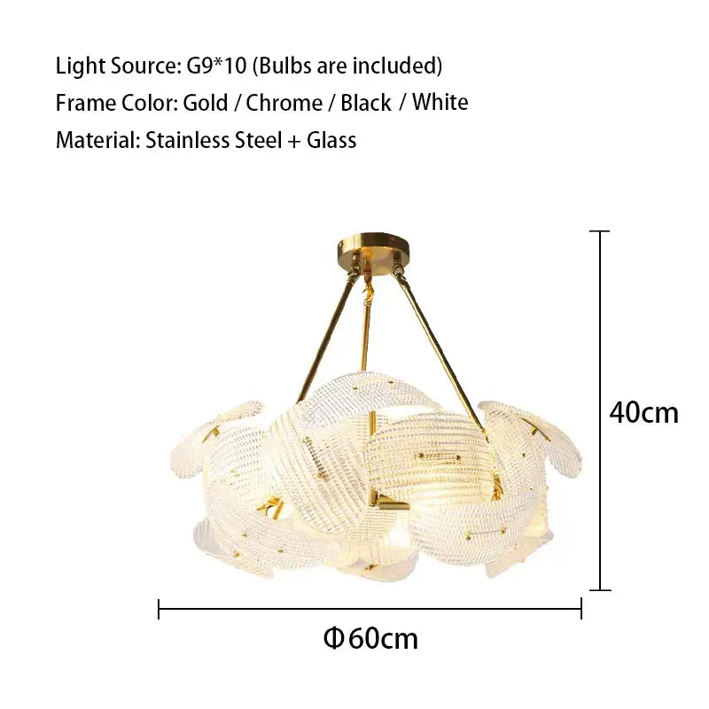 Gold-toned decorbites led glass petal chandelier with modern cloud-like design in stainless steel and glass for dining table