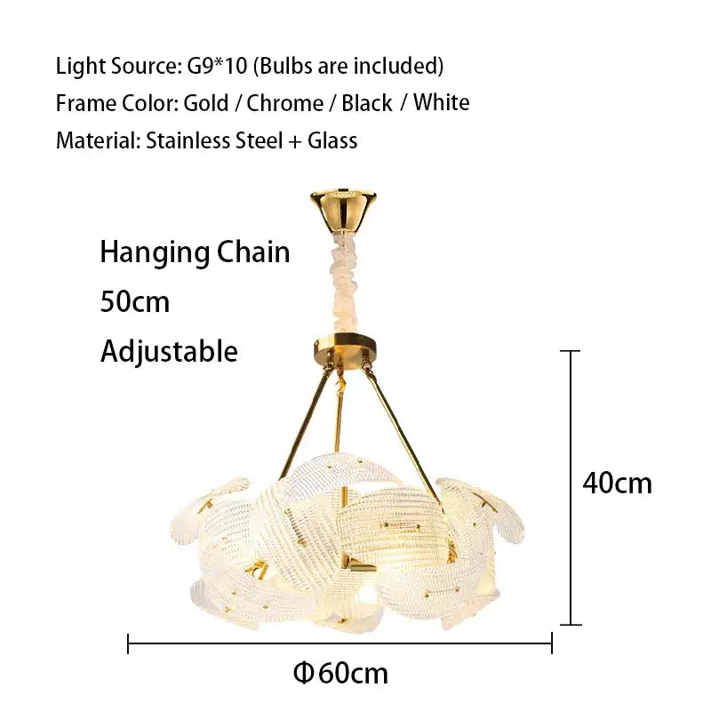 Gold-toned decorbites led glass petal chandelier with delicate glass design and adjustable hanging chain for dining table