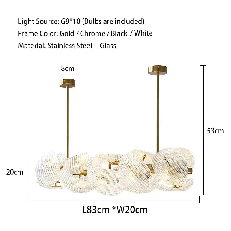 DecorBites LED glass petal chandeliers featuring a gold-toned stainless steel frame with ten g9 bulbs for dining tables
