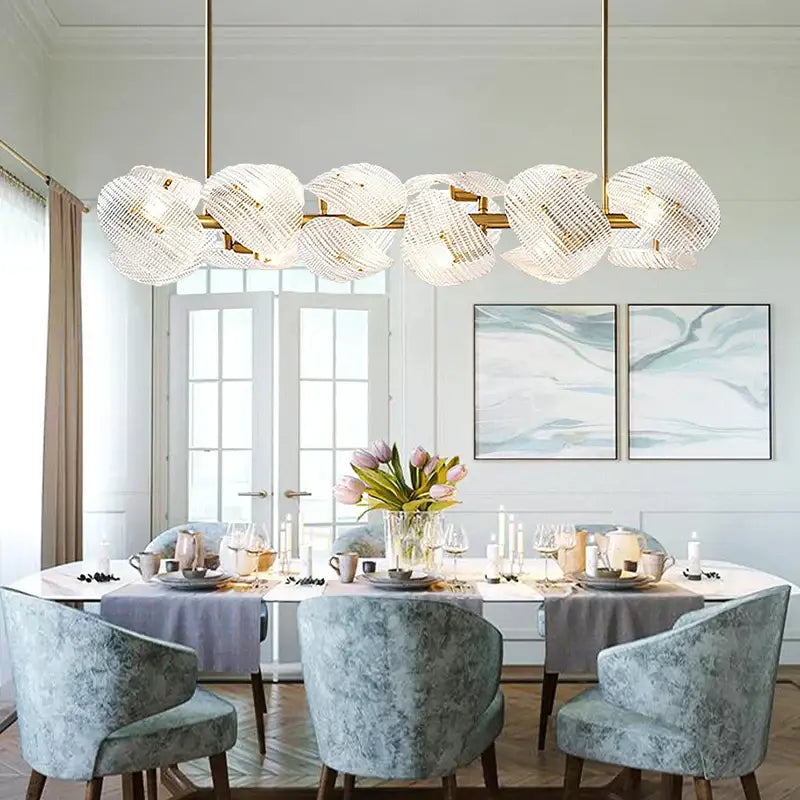 Gold-toned decorbites led glass petal chandeliers with crystal-encrusted spherical fixtures for modern dining table lighting