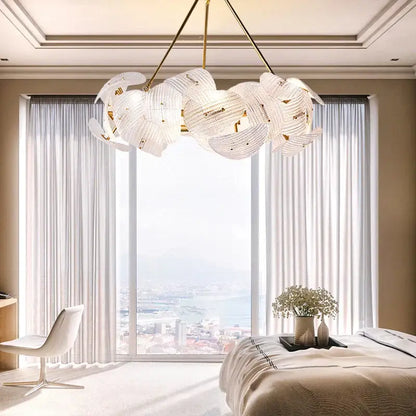 Elegant white crystal decorbites led glass petal chandelier with gold-toned metal accents for dining table use