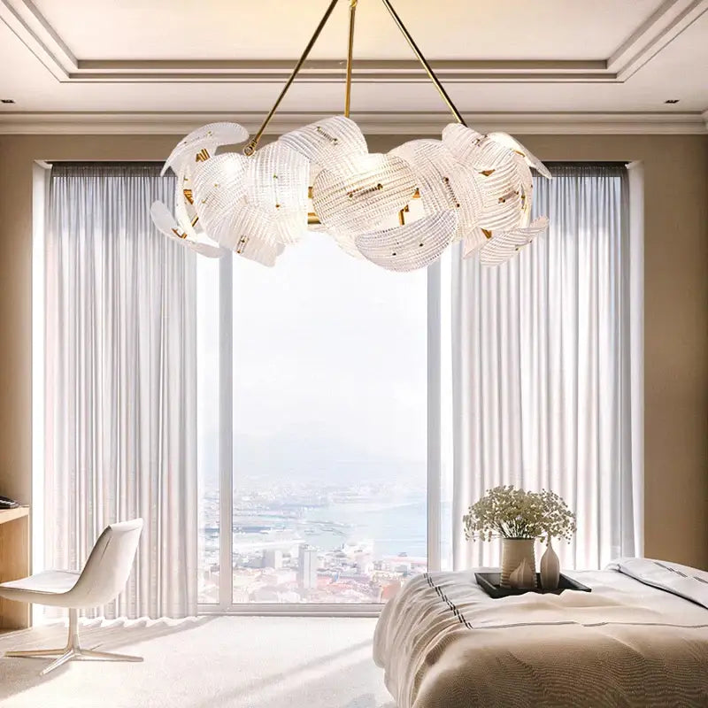 Elegant white crystal decorbites led glass petal chandelier with gold-toned metal accents for dining table use