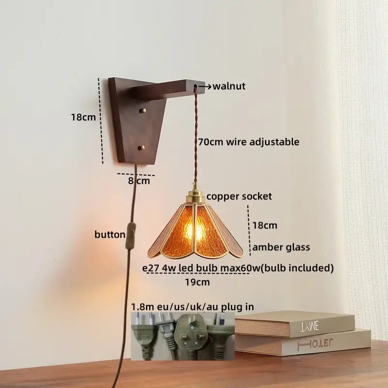 DecorBites led glass sconce wall lamp with warm amber glass shade copper socket and walnut bracket for stair lighting