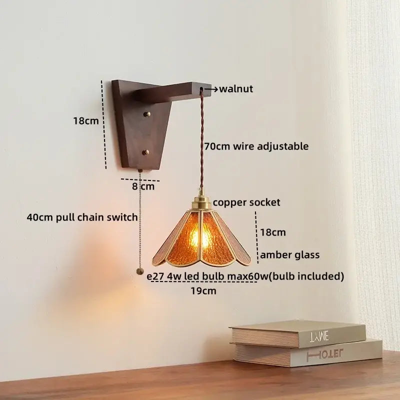 A warm amber glass decorbites led glass sconce wall lamp with copper socket and walnut bracket for nordic stair lighting
