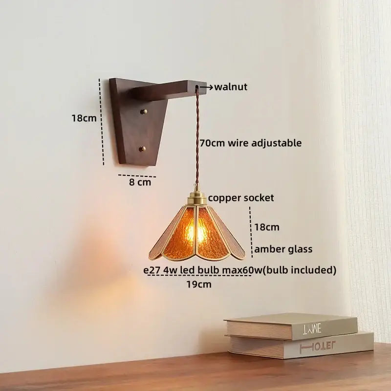 DecorBites™ LED glass sconce wall lamp with warm amber glass pendant, copper socket, and walnut wall bracket
