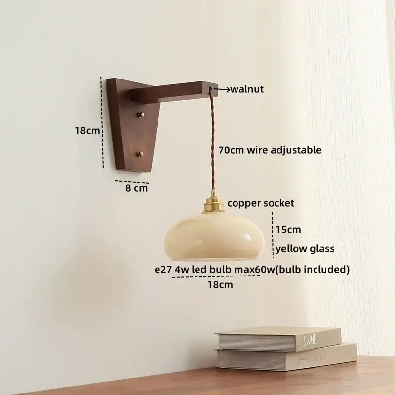 Decorbites led glass sconce wall lamp with warm yellow translucent glass, copper socket, and walnut bracket for nordic stairs