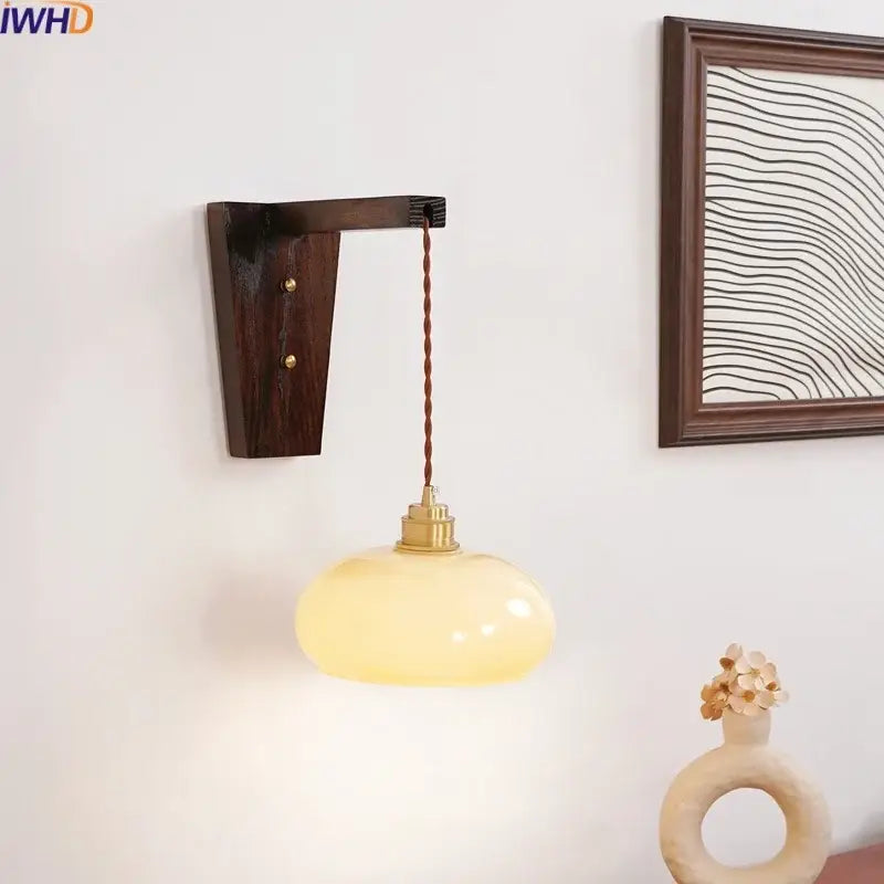 Decorbites led glass wall lamp with warm amber glass pendant light brass fixture and dark wood bracket