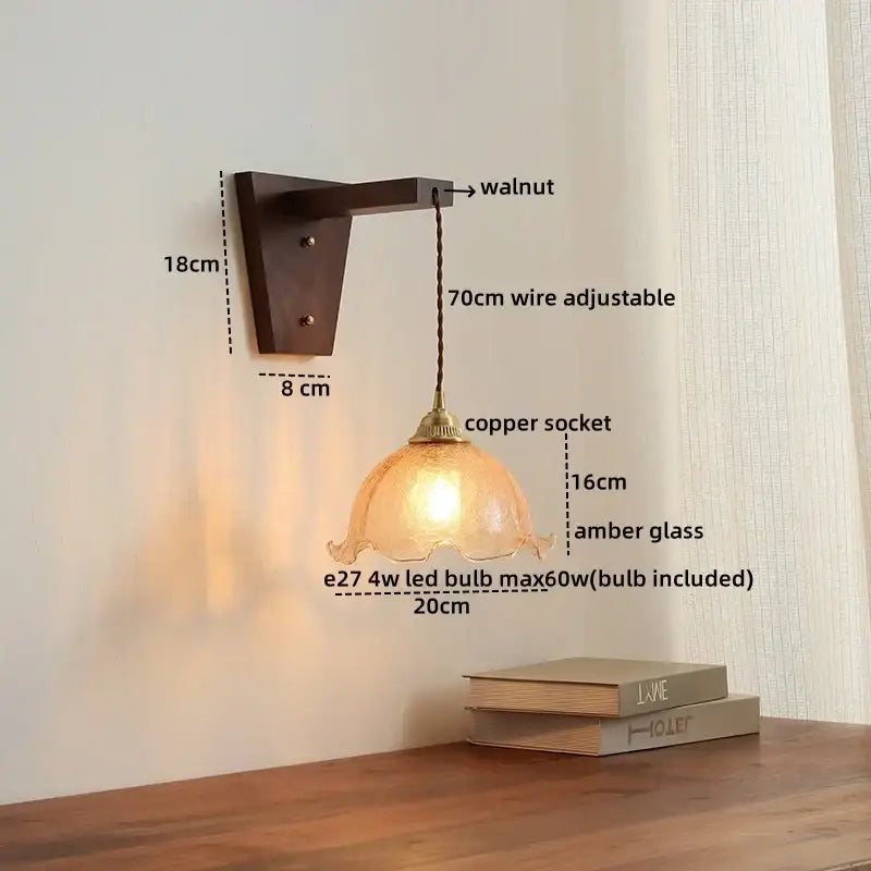 Warm amber glass decorbites led glass sconce wall lamp with walnut bracket and copper socket for nordic stair lighting