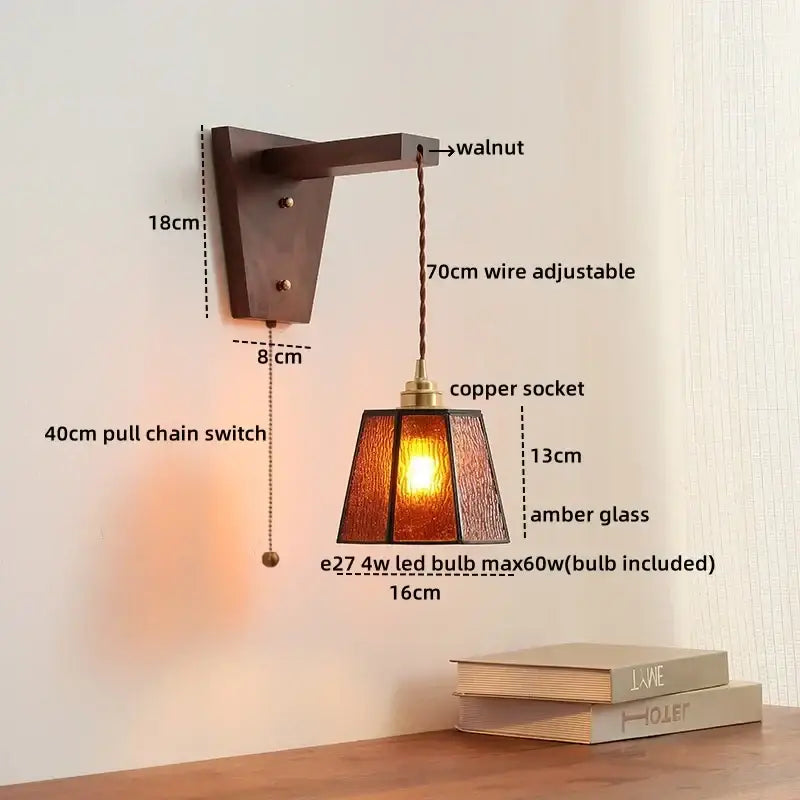 DecorBites led glass wall lamp with warm amber glass pendant, walnut wall mount, and copper socket nordic style