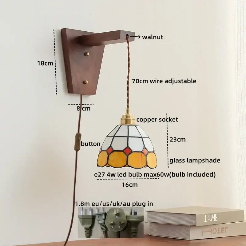 DecorBites led glass sconce wall lamp with walnut bracket copper socket and stained glass shade in yellow and red geometric design