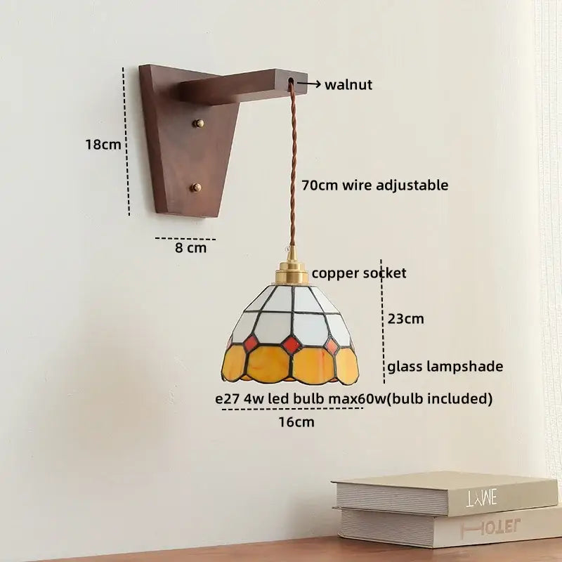 Vintage-style decorbites led glass sconce wall lamp with yellow white geometric stained glass on dark walnut bracket