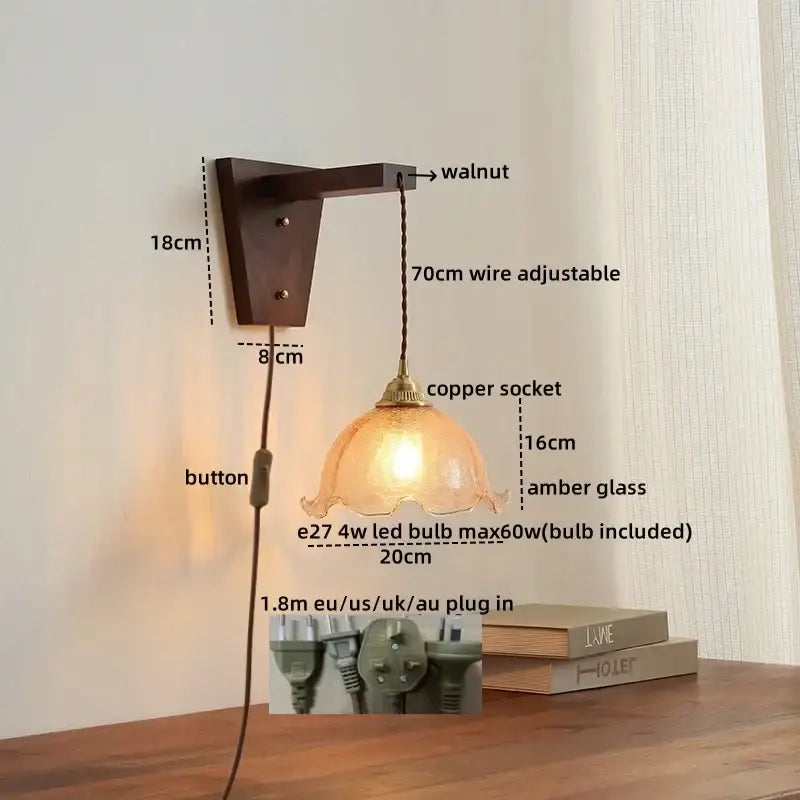 Warm amber glass led glass sconce wall lamp with walnut bracket and copper socket by DecorBites for Nordic stair lighting